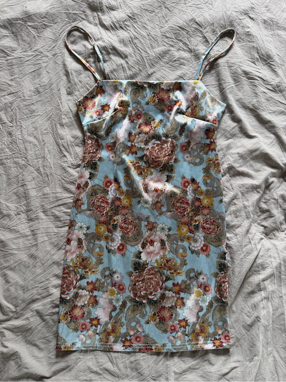 Urban Outfitters Blue Floral Print Spaghetti Strap Mini Dress